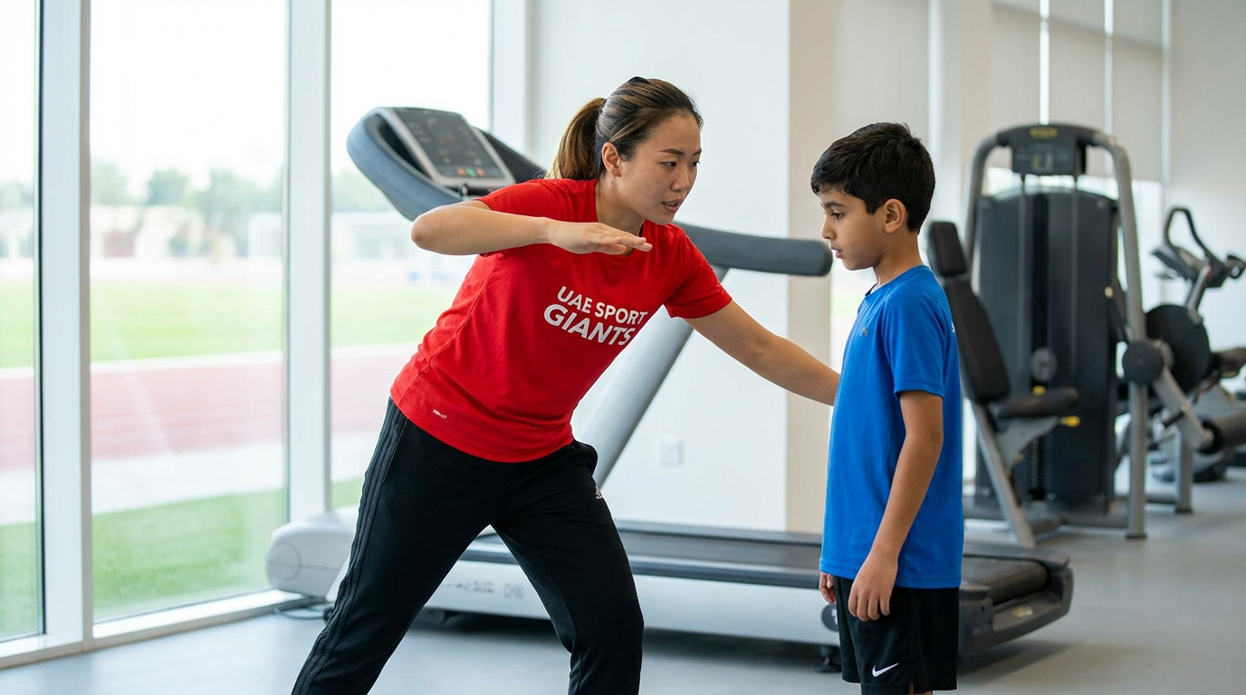 asian coach training boy indoor gym